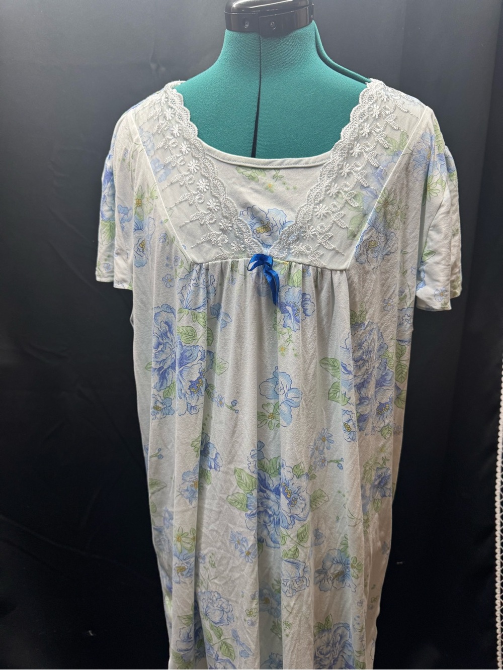 Floral Lace-Trim Nightgown with Blue Floral Print